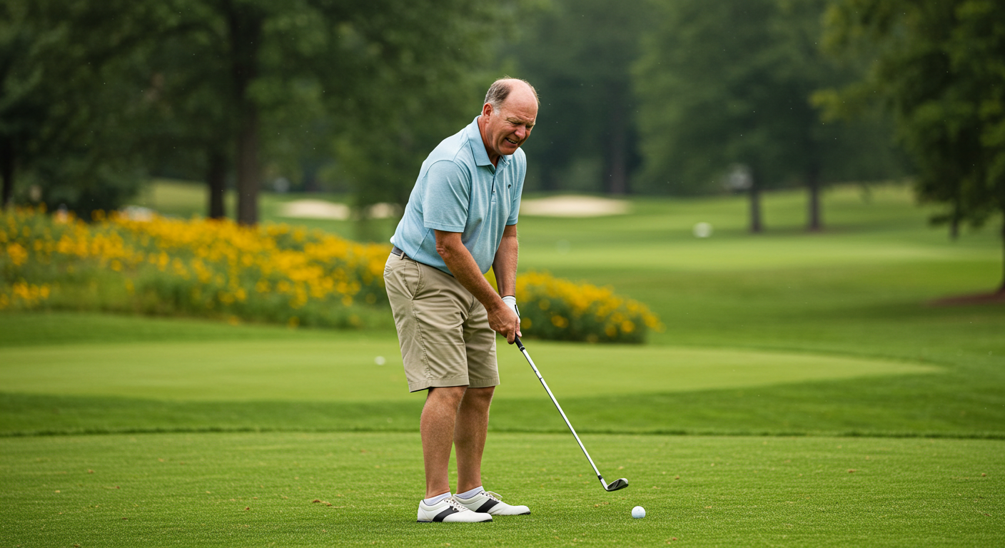 Older man with back pain playing golf